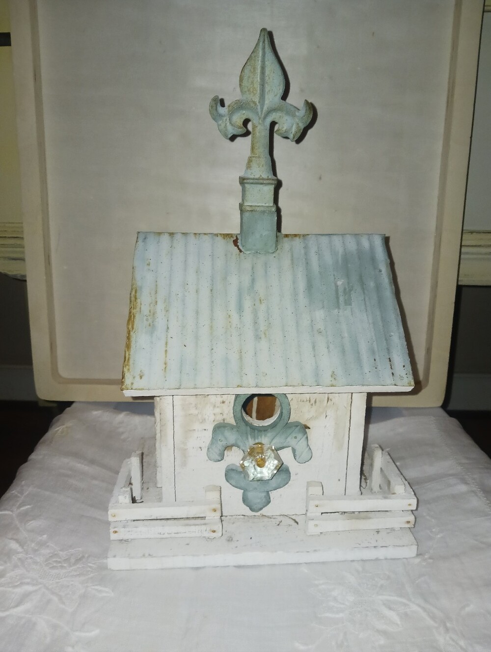 Decorative White and Light Blue Distressed Birdhouse with Fleur-de-Lis Accent
